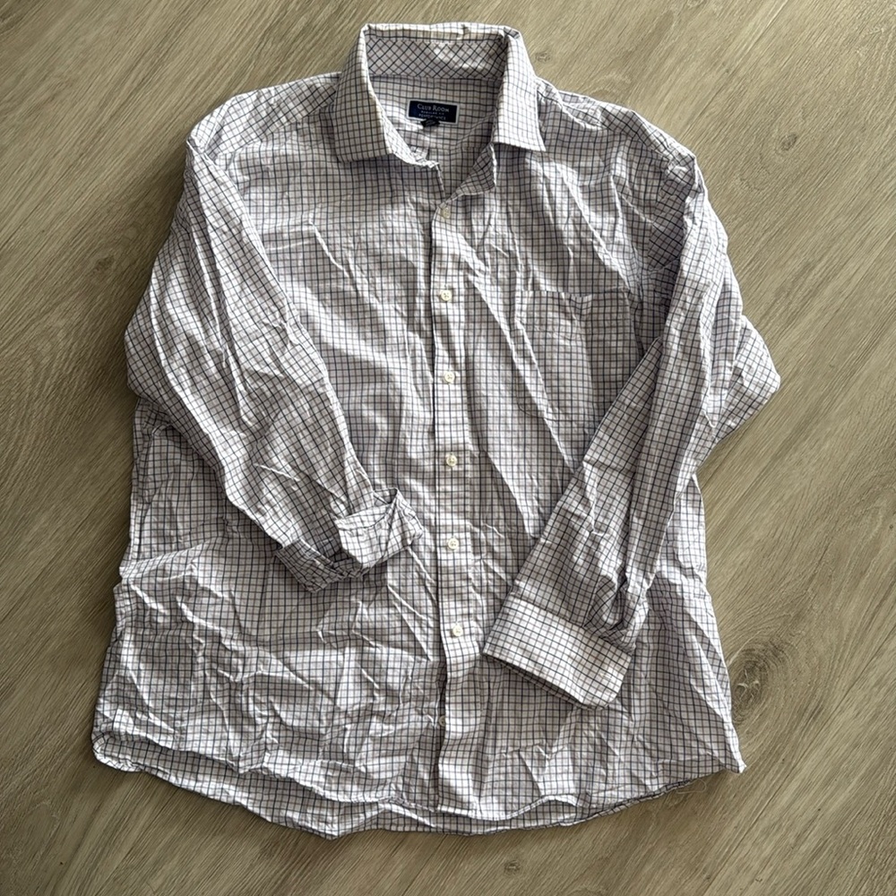 Club Room Mens Regular Fit Performance Plaid Stretch Dress Shirt Size 17.5 34/35